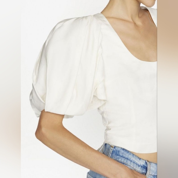 FRAME Puff Sleeve U-Neck Cropped Top | Size S | NWT | Off White | Linen Blend | - Picture 2 of 3